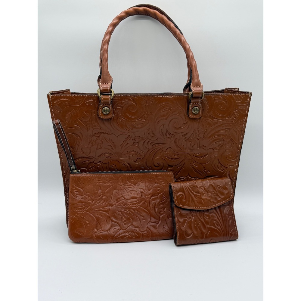 Patricia Nash Tan‎ Tooled Leather Tote 3pc Matching Set Tote/Wristlet/Wallet